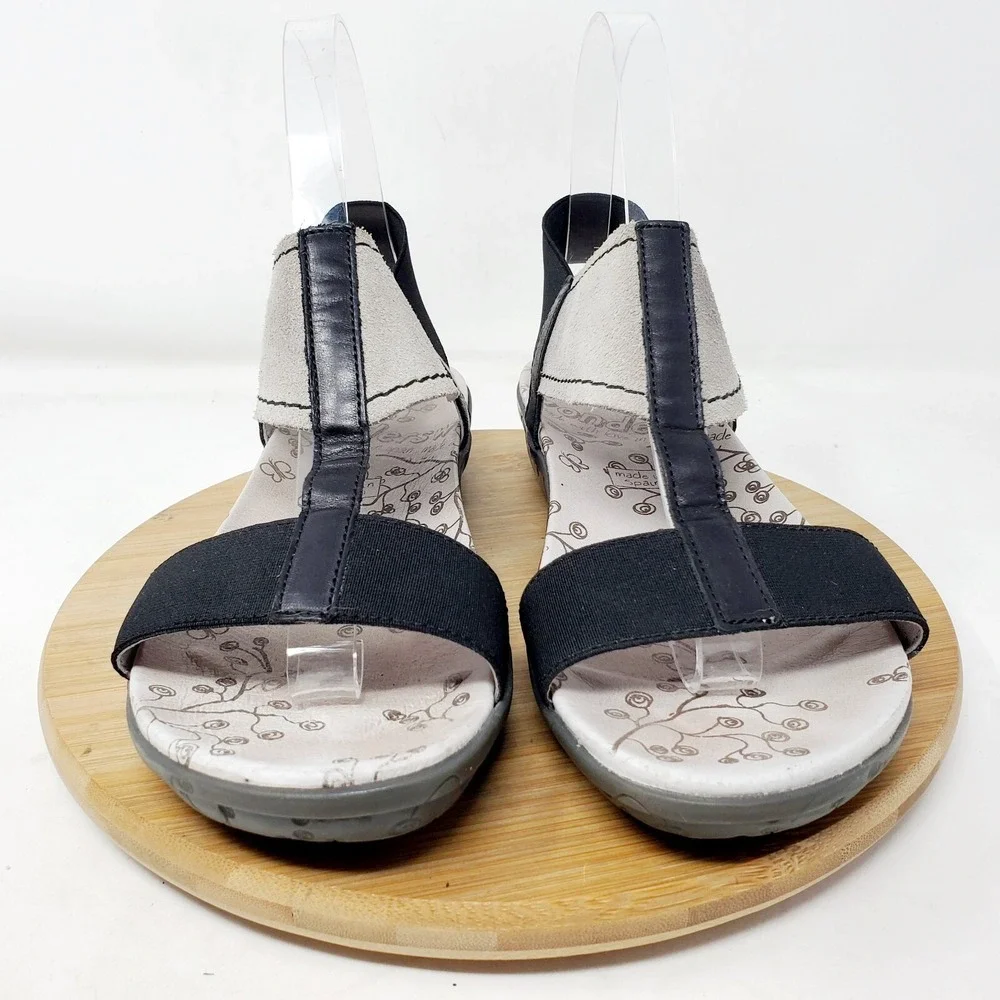 Wonders Fly Sandals Womens 37 Black‎ Grey Low Wedge Elastic Strap Comfort Shoes